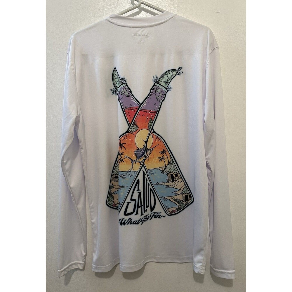 What the Fin Performance Shirt Long Sleeve White "Salud" Size Large Graphic Tee